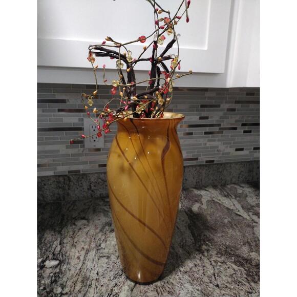 Large vintage Swirled Glass Yellow with Brown Vase, Retro